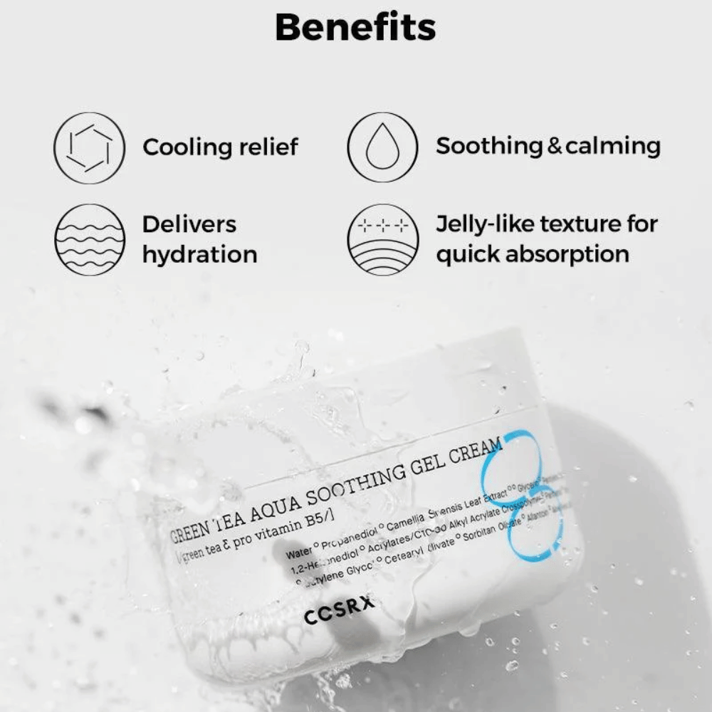COSRX Green Tea Aqua Soothing Gel Cream – Edut: viilentävä vaikutus, rauhoittava ja hoitava, intensiivinen kosteutus ja geelimäinen koostumus nopeaan imeytymiseen.
