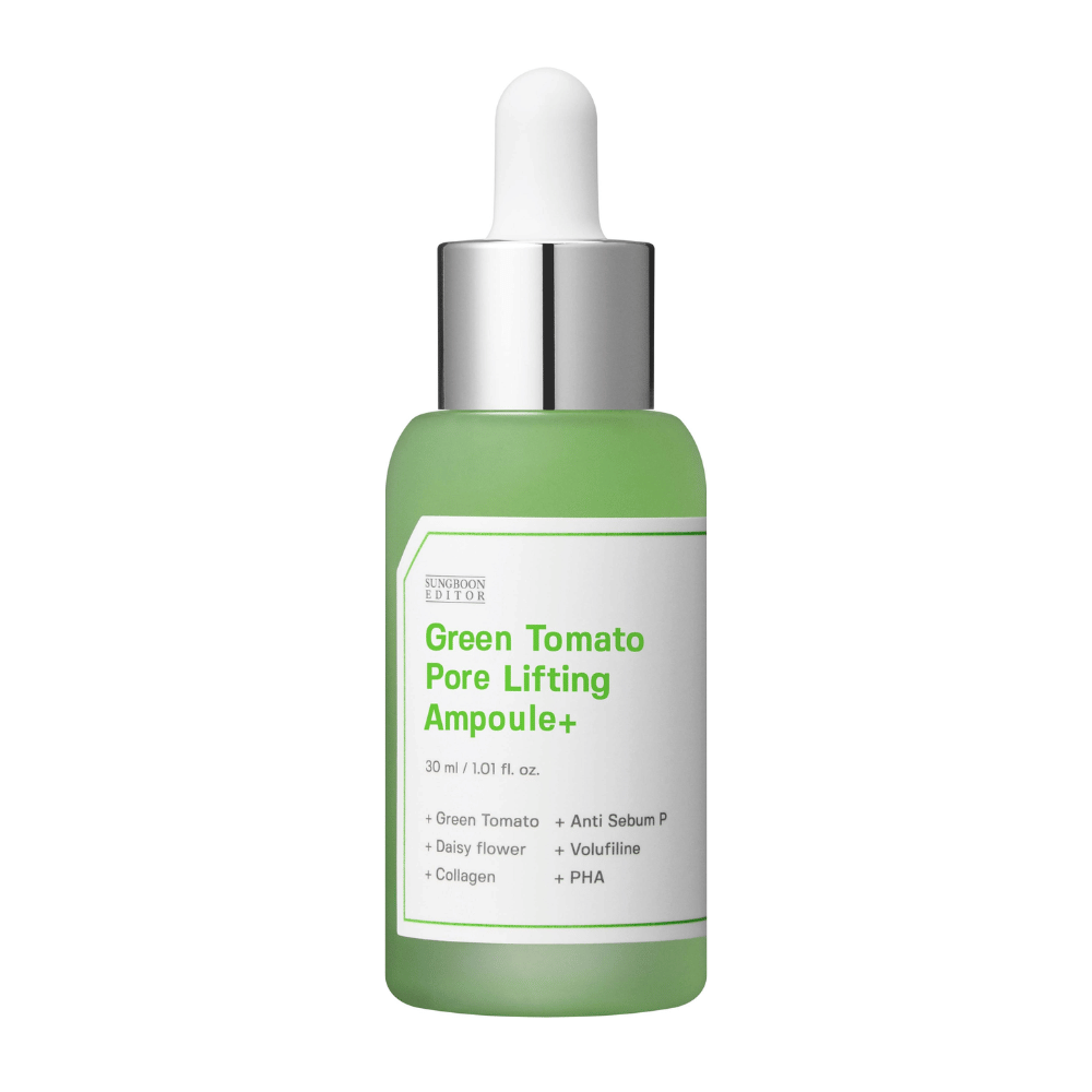 Tuotekuva Green Tomato Pore Lifting Ampoule+ vihreässä lasipullossa pipetillä.
