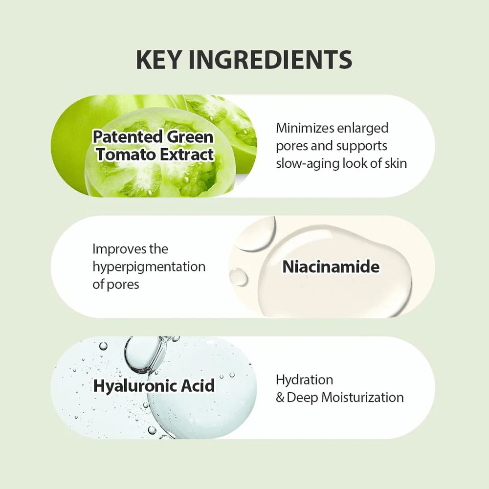 Kuvitus Green Tomato Pore Lifting Ampoule+ avainainesosista, joissa on patentoitu vihreä tomaatti, niasiiniamidi ja hyaluronihappo.