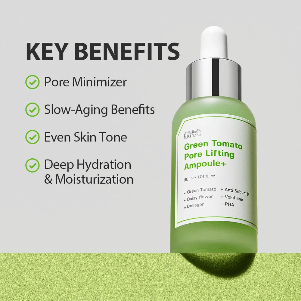 Green Tomato Pore Lifting Ampoule+ pipettipullolla vihreällä taustalla, listattuina avainedut, kuten huokosten pienentäminen, ikääntymisen esto, tasainen ihonsävy ja kosteutus.