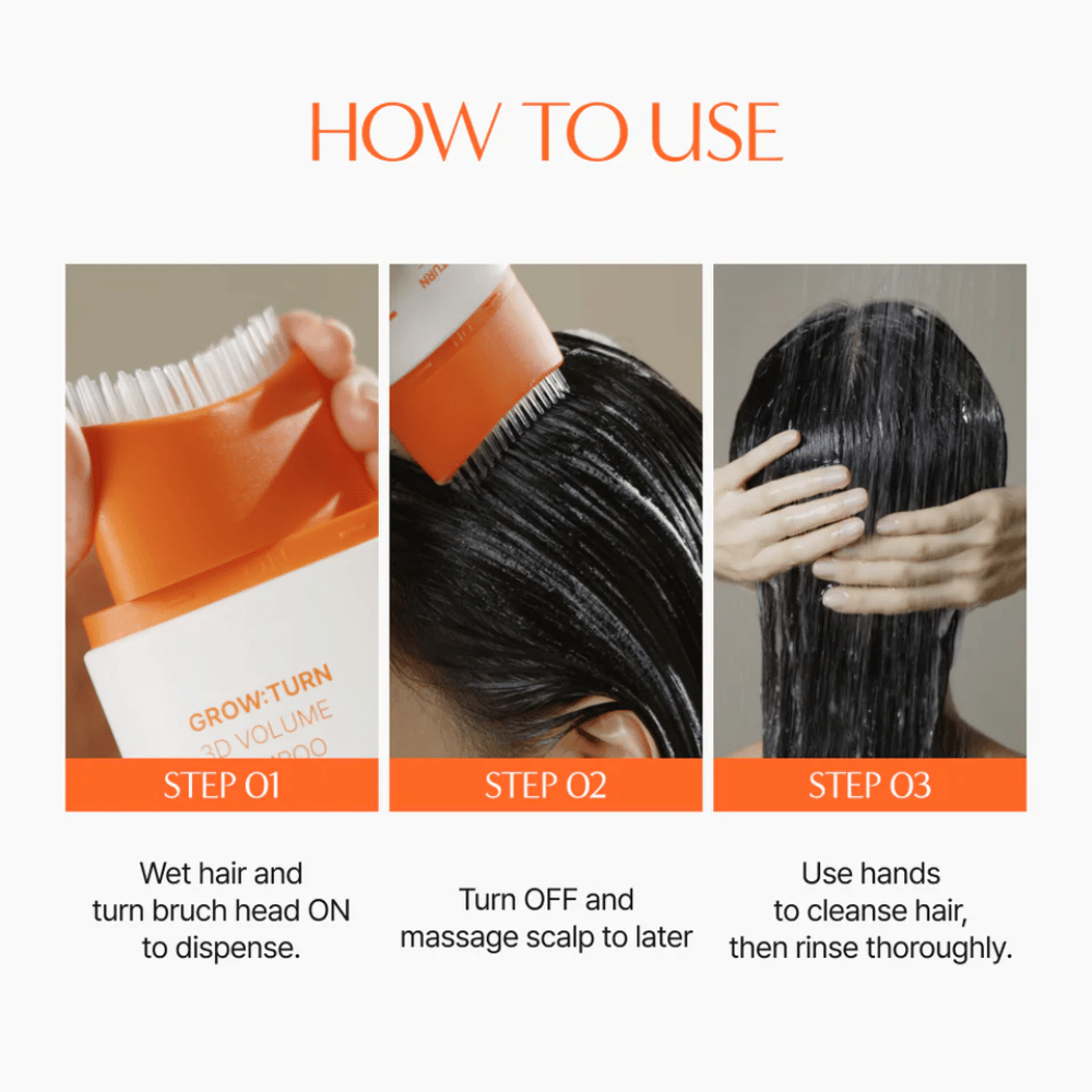 LILYEVE Grow:Turn Exosome 3D Volume Brush Shampoo sisäänrakennetulla hierontaharjalla hiuspohjan hoitoon