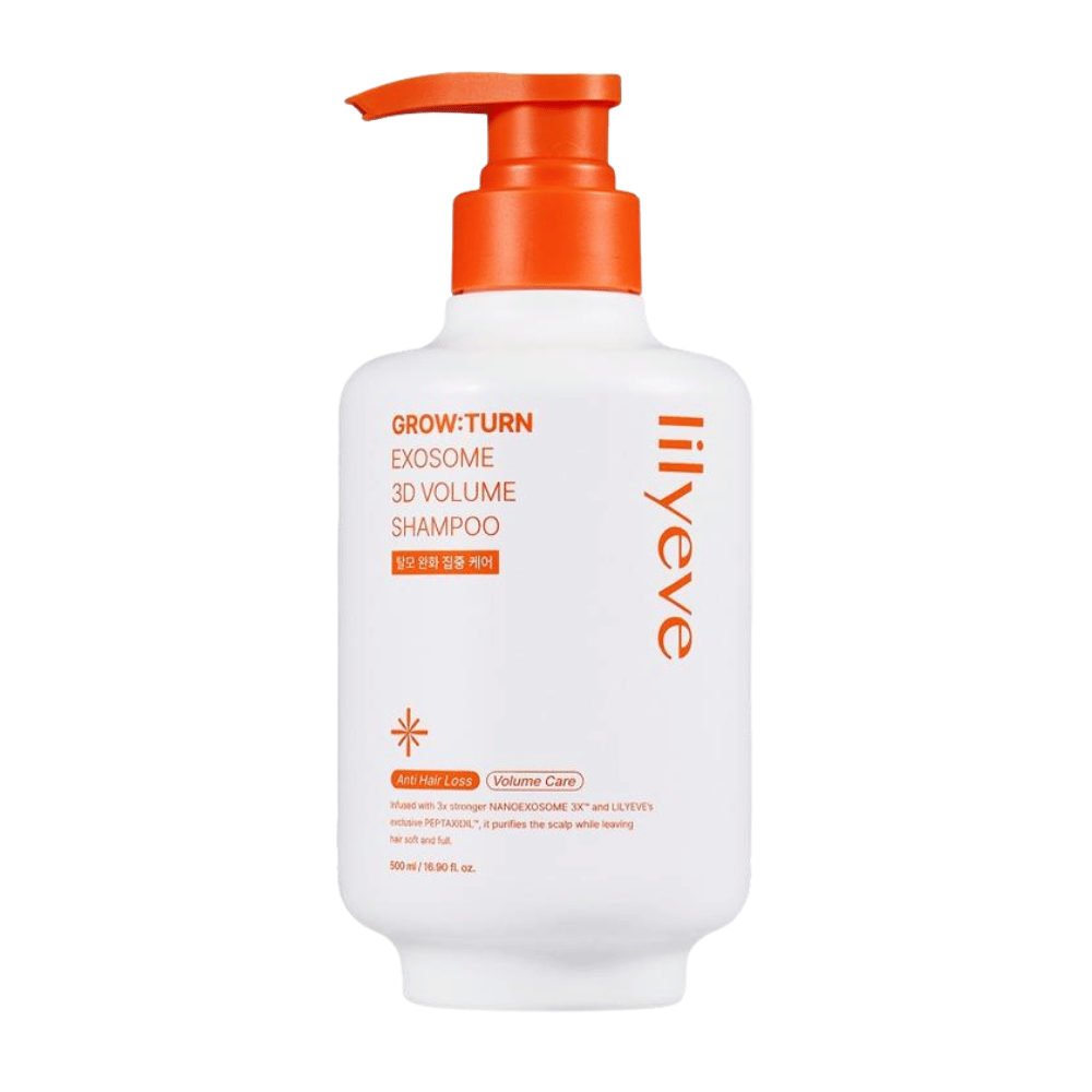 LILYEVE Grow:Turn Exosome 3D Volume Shampoo valkoisessa pumppupullossa oranssein yksityiskohdin hiuspohjan hoitoon
