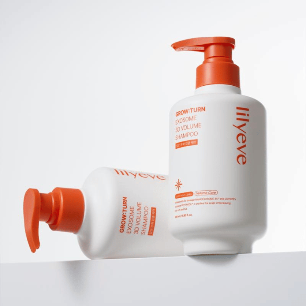 LILYEVE Grow:Turn Exosome 3D Volume Shampoo 500 ml:n pumppupullossa päivittäiseen hiuspohjan hoitoon