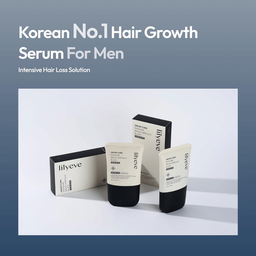 Tuote- ja pakkauskuva tuotteesta LILYEVE Grow:Turn Exosome Brush Ampoule Prime. Kuva korostaa seerumia hiustenhoitotuotteena, joka on kehitetty miehille keskittyen hiuspohjan hoitoon ja hiustenlähtöön liittyviin tarpeisiin.
