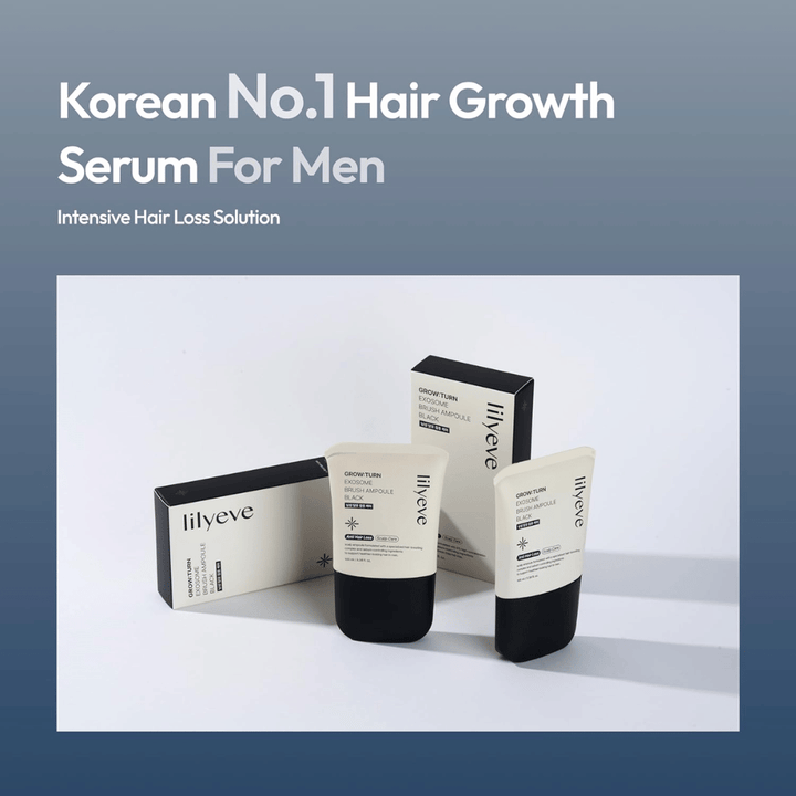 Tuote- ja pakkauskuva tuotteesta LILYEVE Grow:Turn Exosome Brush Ampoule Prime. Kuva korostaa seerumia hiustenhoitotuotteena, joka on kehitetty miehille keskittyen hiuspohjan hoitoon ja hiustenlähtöön liittyviin tarpeisiin.