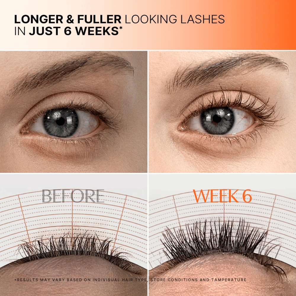 Ennen ja jälkeen -kuva ripsistä 6 viikon käytön jälkeen tuotteella LILYEVE Grow Turn Exosome Dual Lash Seerumi.