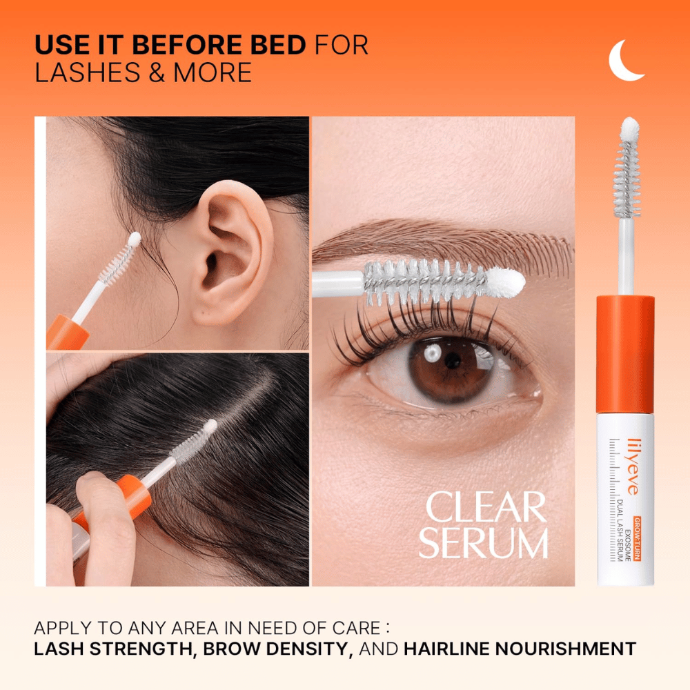 LILYEVE Grow Turn Exosome Dual Lash Seerumi – läpinäkyvä seerumi iltahoitoon ripsille, kulmakarvoille ja hiusrajalle.