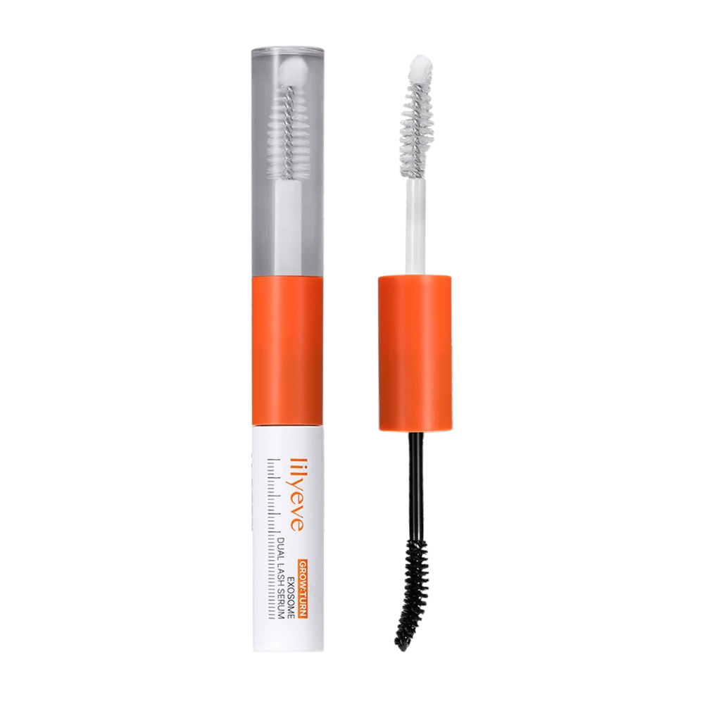 LILYEVE Grow Turn Exosome Dual Lash Seerumi – kaksipuolinen ripsiseerumi läpinäkyvällä ja mustalla seerumi sekä kahdella applikaattorilla.