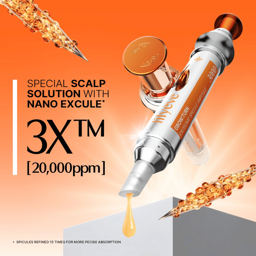 LILYEVE Grow Turn Exosome Spicule Ampoule 3000 – tiivistetty hiuspohja-ampulli Nano Exculella ja spikuleilla kohdennettuun levitykseen.