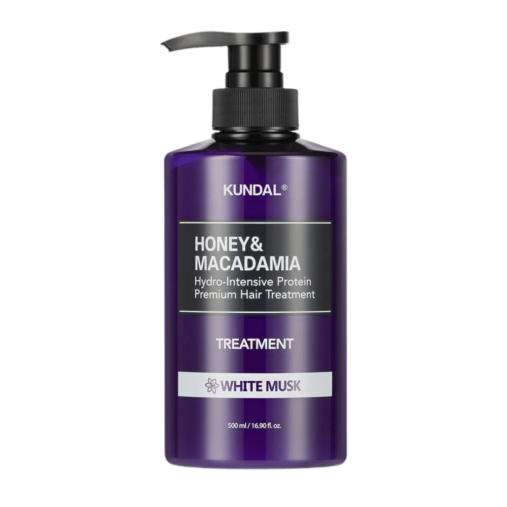 KUNDAL Honey & Macadamia Hydro-Intensive Protein Premium Hair Treatment White Musk lila pumppullossa, 500 ml.