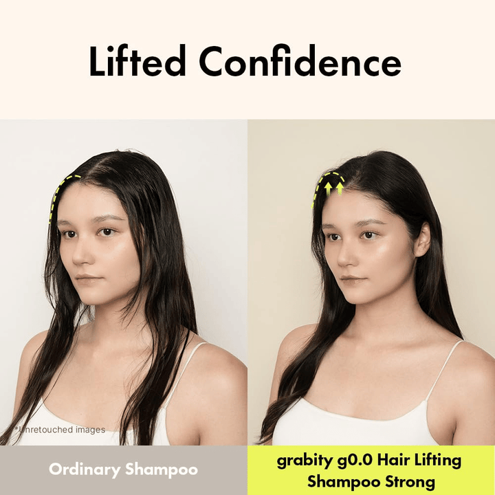 Ennen ja jälkeen -kuva, joka näyttää lisääntyneen volyymin ja kohotuksen hiusten tyvessä Grabity g0.0 Hair Lifting Shampoo Strong -tuotteen käytön jälkeen ohuille ja latteille hiuksille.