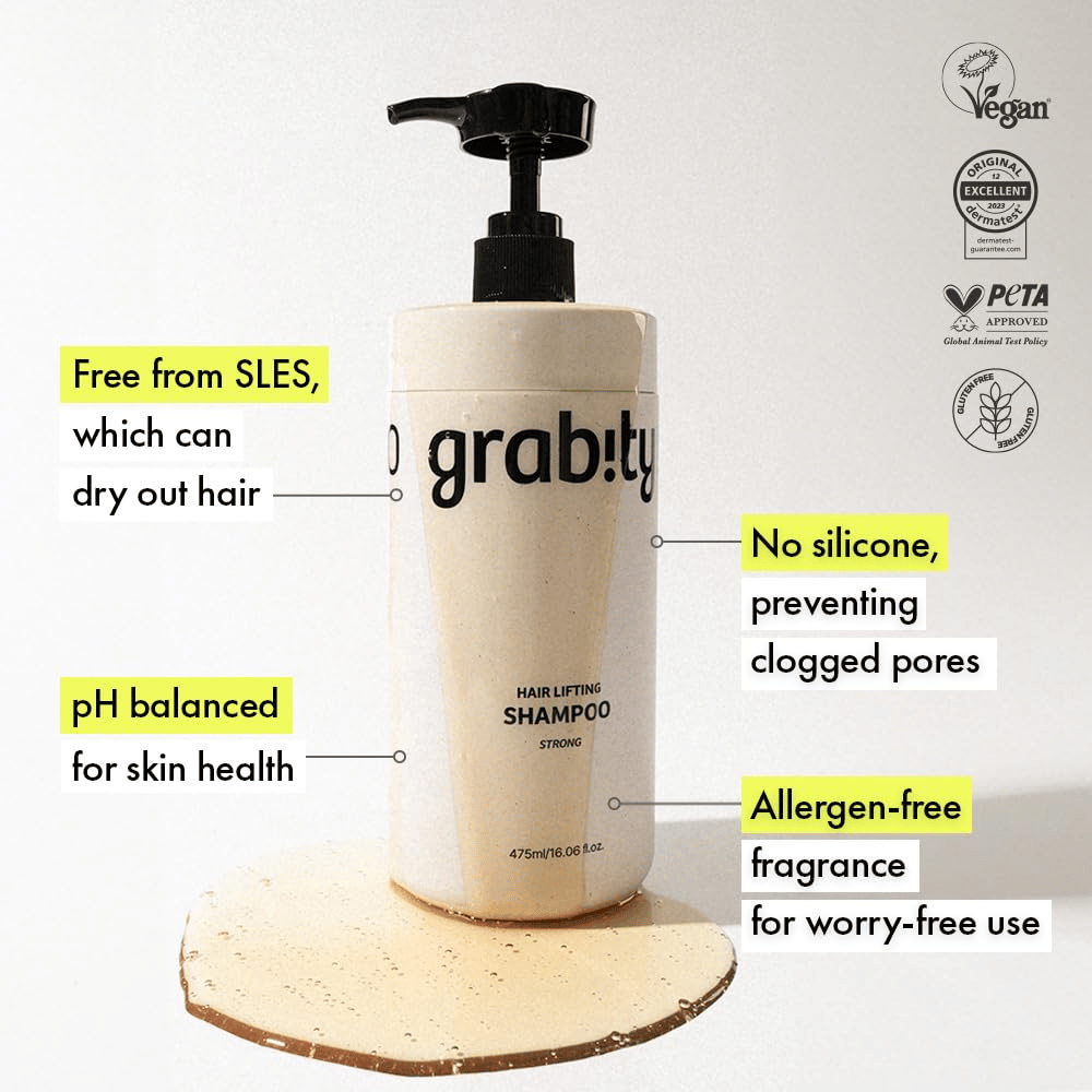 Grabity g0.0 Hair Lifting Shampoo Strong sisältää tietoa SLES-vapaasta koostumuksesta, silikonittomasta koostumuksesta, allergeenittomasta tuoksusta sekä vegaanisen ja hellävaraisen hiustenhoidon sertifioinneista.