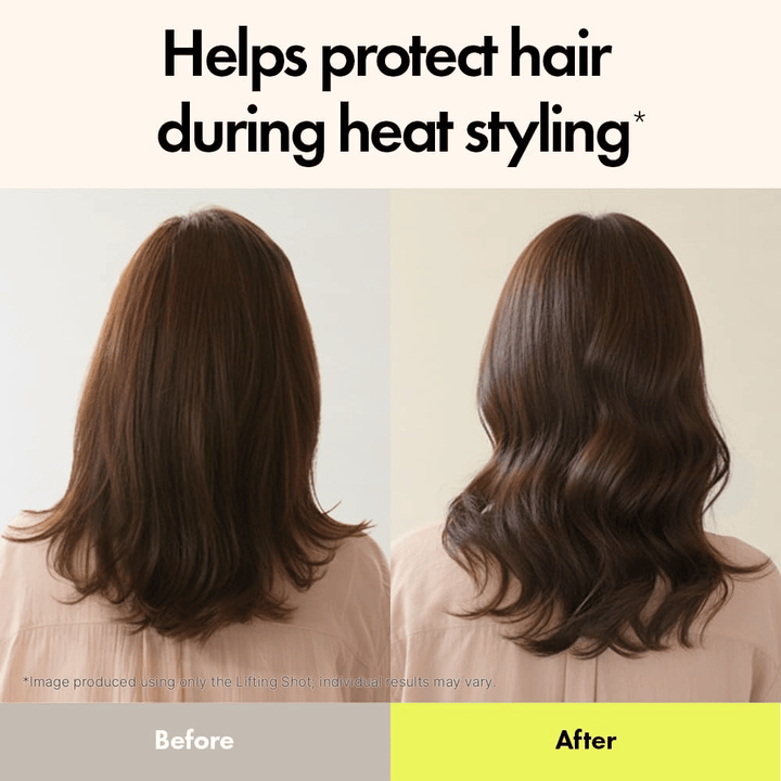 Ennen ja jälkeen -kuva, joka näyttää Grabity Hair Lifting Shot -tuotteen vaikutuksen. Hiukset näyttävät käytön jälkeen tuuheammilta, selkeämmiltä ja paremmin suojatuilta lämpömuotoilussa.
