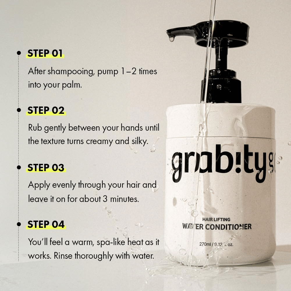Ohjekuva tuotteelle Grabity Hair Lifting Water Conditioner, joka näyttää, miten tuotetta käytetään shampoopesun jälkeen hoitavuuden, kiillon ja täyteläisemmän hiusvaikutelman saavuttamiseksi.