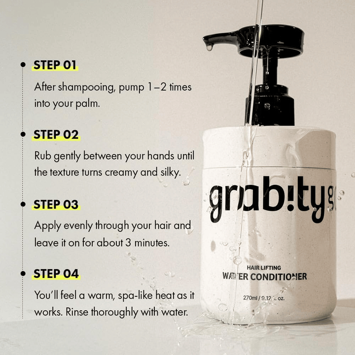 Ohjekuva tuotteelle Grabity Hair Lifting Water Conditioner, joka näyttää, miten tuotetta käytetään shampoopesun jälkeen hoitavuuden, kiillon ja täyteläisemmän hiusvaikutelman saavuttamiseksi.