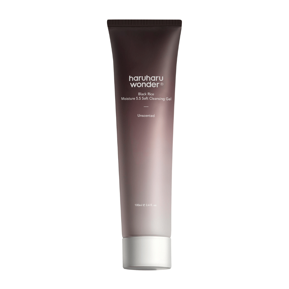 Tuba Haruharu Wonder Black Rice Moisture 5.5 Soft Cleansing Gel 100ml valkoisella taustalla, hellävaraisilla puhdistusominaisuuksilla.