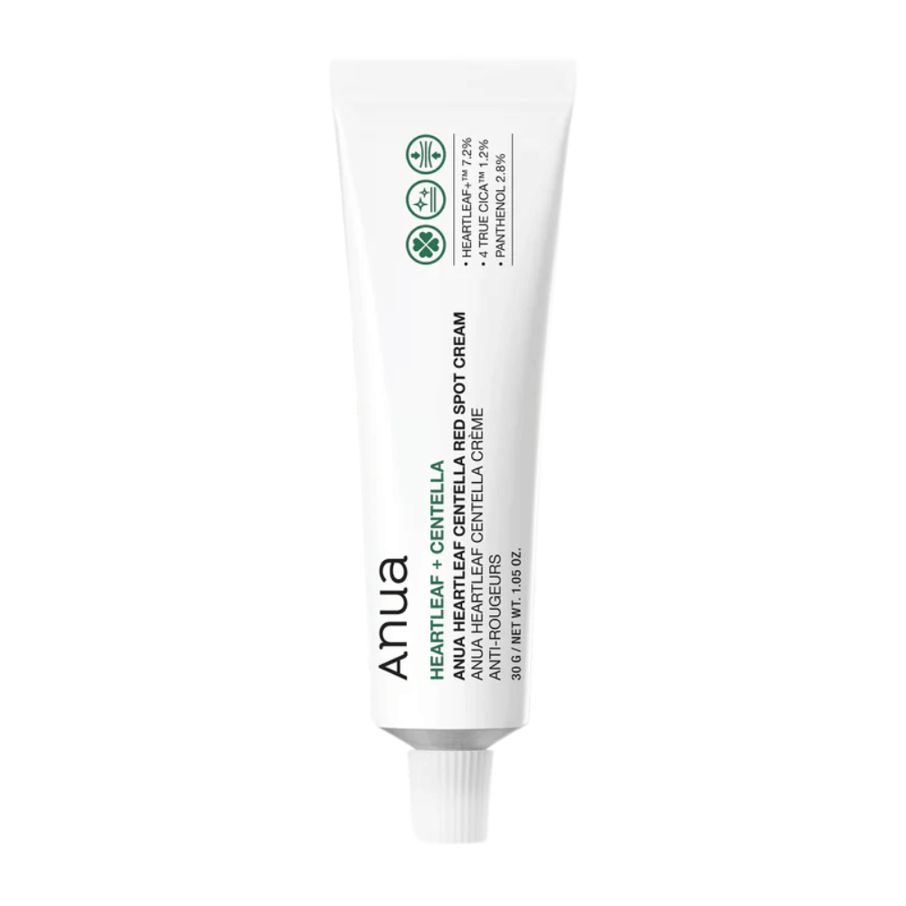 Anua Heartleaf Centella Red Spot Cream valkoisessa tuubissa, paikallisesti käytettävä voide centellalla rauhoittamaan ihoa ja vahvistamaan kosteussuojaa.