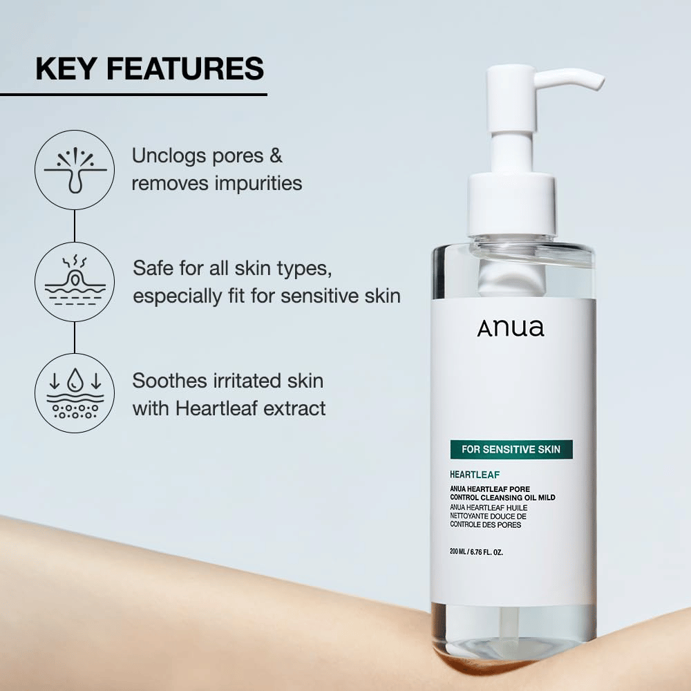 Anua Heartleaf Pore Control Cleansing Oil Mild on hellävarainen puhdistusöljy kaikille ihotyypeille, erityisesti herkälle iholle sopiva. Se auttaa: Poistamaan epäpuhtaudet ja puhdistamaan ihohuokoset. Rauhoittamaan ärtynyttä ihoa heartleaf-uutteen avulla. On turvallinen kaikille ihotyypeille ja erityisesti suunniteltu olemaan hellävarainen ja tehokas.