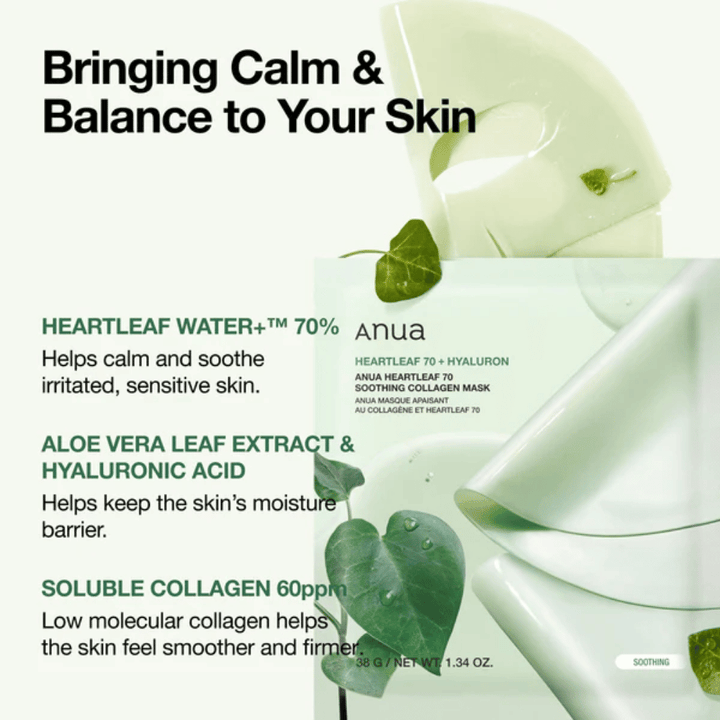 Tietokuva tuotteesta Anua Heartleaf 70 Soothing Collagen Mask. Pakkaus esitetään yhdessä hydrogeelinaamion ja vihreiden sydämenmuotoisten heartleaf-lehtien kanssa. Kuvassa kuvataan avainainesosia, kuten 70 % heartleaf-vettä, aloe veraa, hyaluronihappoa ja kollageenia, jotka auttavat rauhoittamaan herkkää ihoa, vahvistamaan kosteussuojaa ja parantamaan ihon kimmoisuutta.