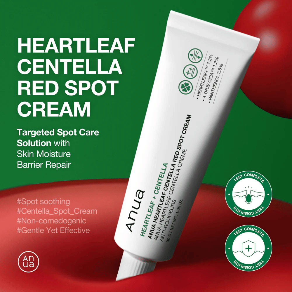 Anua Heartleaf Centella Red Spot Cream valkoisessa tuubissa esiteltynä vihreää taustaa vasten, keskittyen paikallishoitoon, kosteussuojauskorjaukseen ja testattuun hellävaraiseen koostumukseen.