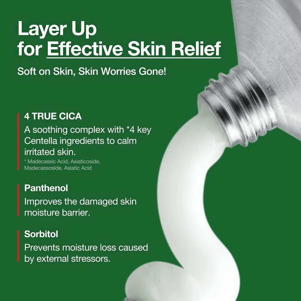 Anua Heartleaf Centella Red Spot Cream valkoista voidetta puristettuna tuubista, merkityt ainesosat kuten 4 True Cica, Panthenol ja Sorbitol rauhoittavaan ja kosteuttavaan vaikutukseen.