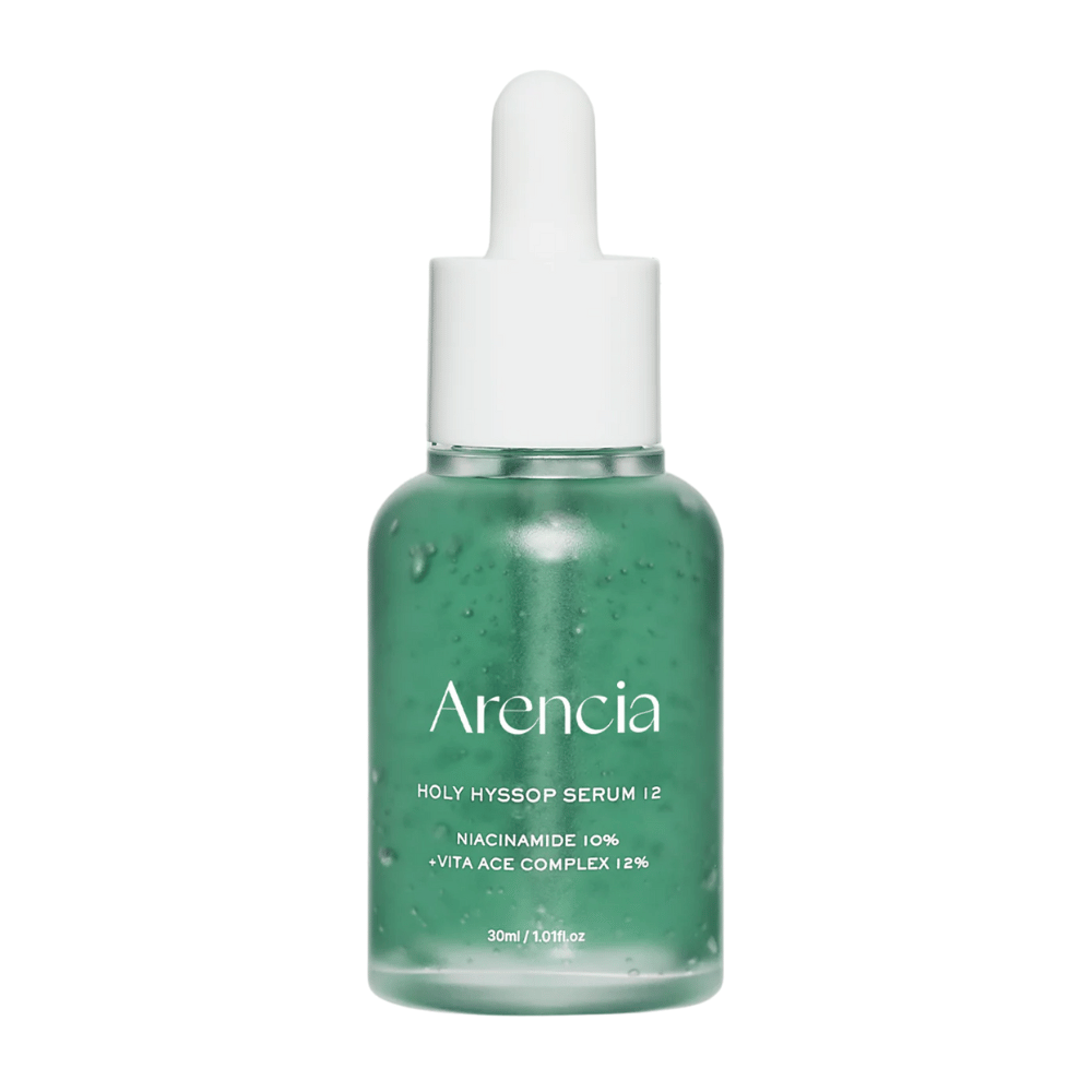 Arencia Holy Hyssop Serum 12 vihreässä lasipullossa pipetillä, kasvoseerumi, jossa on 10 % niacinamidia ja 12 % ACE-vitamiinikompleksia.