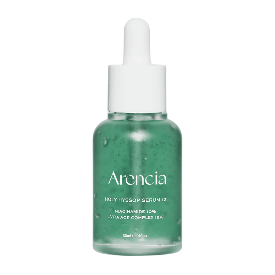 Arencia Holy Hyssop Serum 12 vihreässä lasipullossa pipetillä, kasvoseerumi, jossa on 10 % niacinamidia ja 12 % ACE-vitamiinikompleksia.