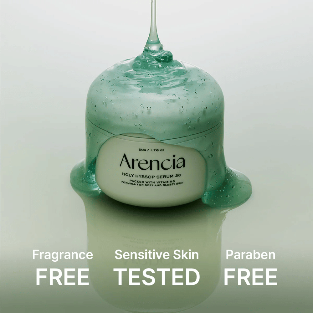 Arencia Holy Hyssop Serum 30 – ravitseva geeliseerumi, jossa on vitamiineja, ilman hajusteita ja parabeeneja, dermatologisesti testattu herkälle iholle.