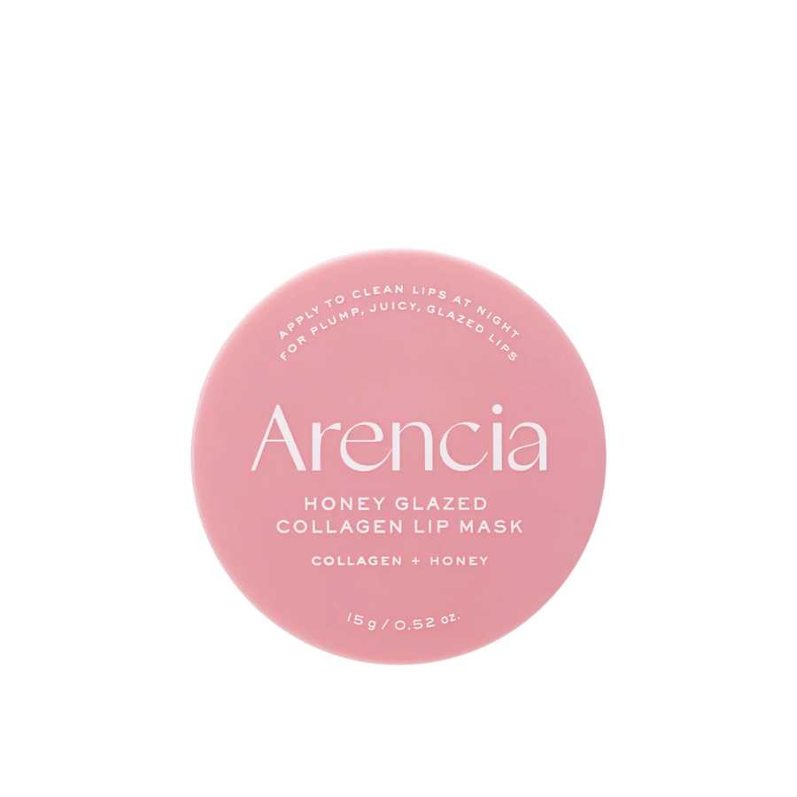 Puhdas tuotekuva tuotteesta Arencia Honey Glazed Collagen Lip Mask vaaleanpunaisessa pakkauksessa, jossa on minimalistinen ja tyylikäs muotoilu.