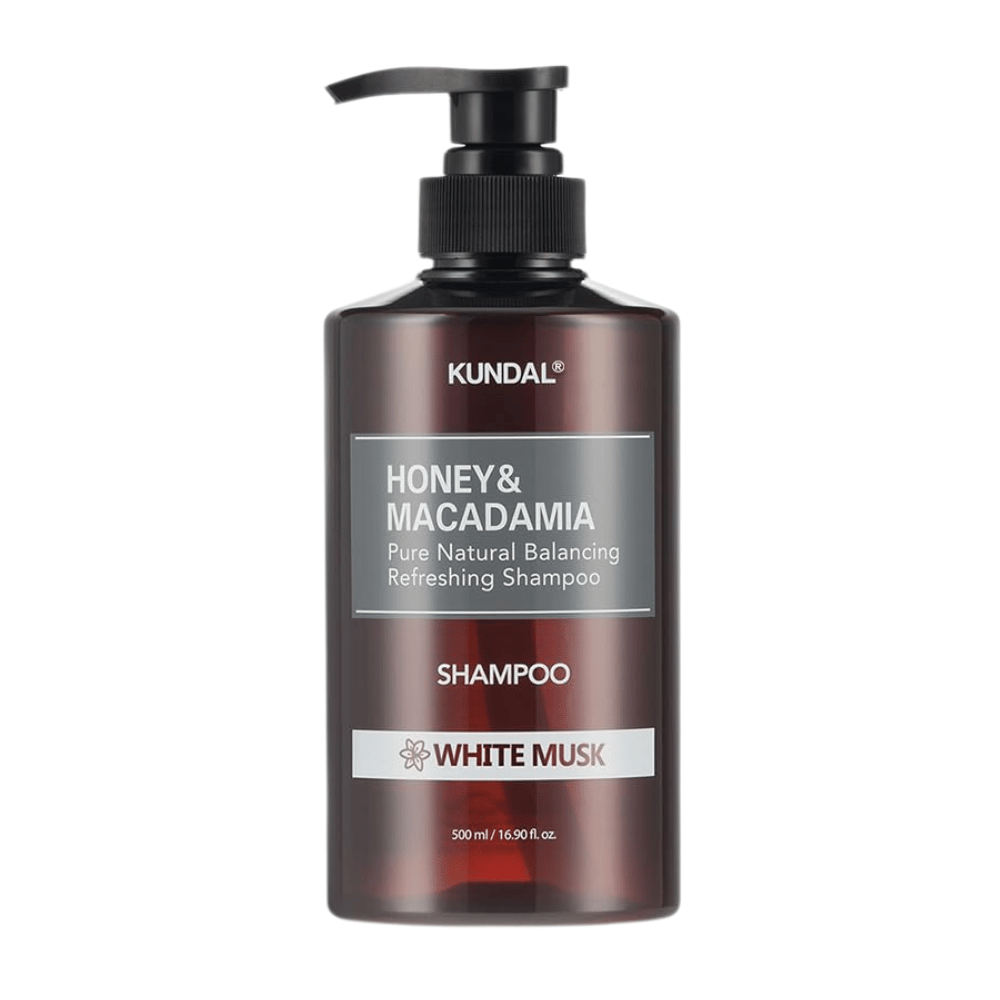 KUNDAL Honey & Macadamia Nature Shampoo White Musk ruskeassa muovipullossa, pumppu, 500 ml.