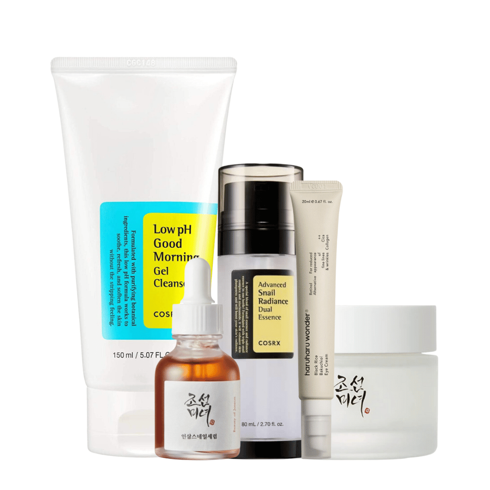 Valikoima K-Beauty Mature Skin Time Revers Kit ikääntymisen merkkejä valkoisella taustalla.