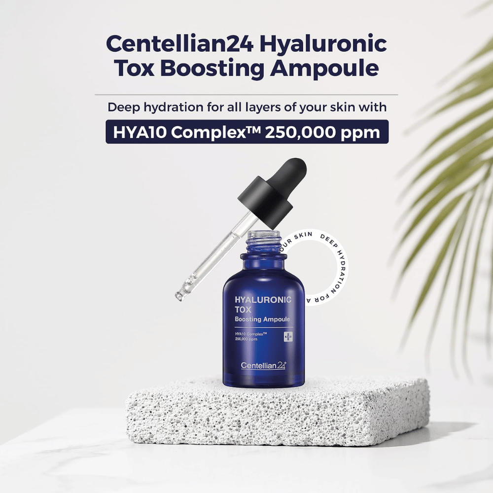 4. Centellian24 Hyaluronic Tox Boosting Ampoule – sininen seerumipullo pipetillä ja HYΑ10 Complex