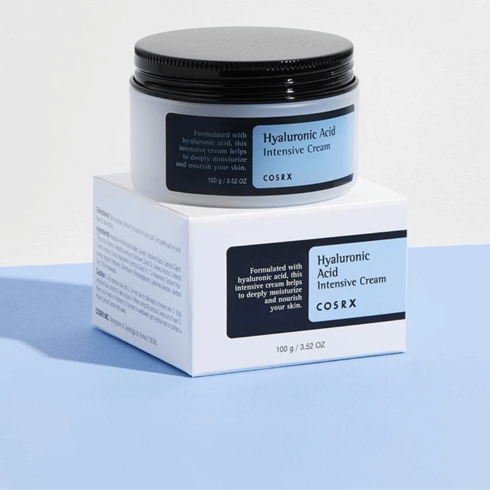COSRX Hyaluronic Acid Intensive Cream 100 g purkki laatikossa – intensiivinen kasvovoide hyaluronihapolla syvälle kosteutukselle ja vahvistetulle ihon suojakerrokselle