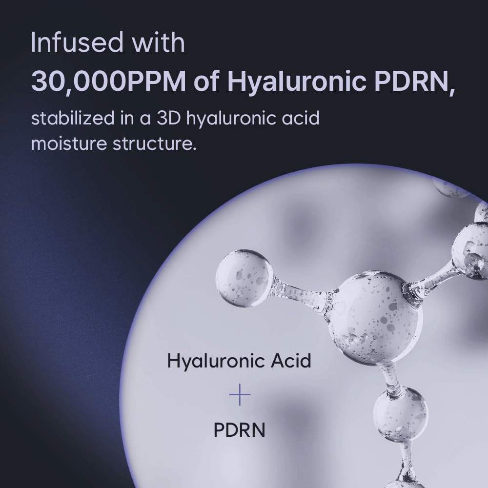 Graafinen kuvitus hyaluronihaposta ja PDRN kolmiulotteisessa kosteusrakenteessa. Kuva tuo esiin tuotteen korkean Hyaluronic PDRN -pitoisuuden ja sen kosteuttavan teknologian.
