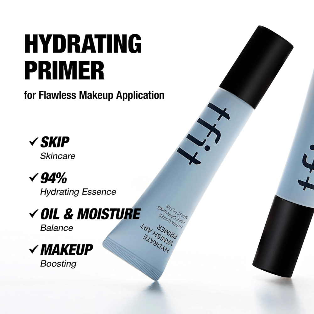 TFIT Hydrate Vanish Art Primer esitetään informatiivisella tekstillä tuotteen eduista, mukaan lukien 94 % kosteuttavaa essenssiä ja öljytasapainoa – kehitetty tasaisemman meikkipohjan luomiseksi.