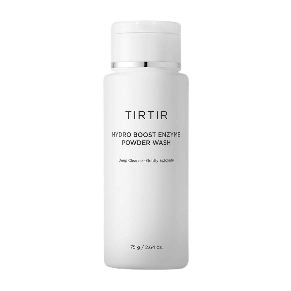 Valkoinen, sileä pullo TIRTIR Hydro Boost Enzyme Powder Wash. Pullon teksti kuvaa tuotteen syväpuhdistavaksi ja kevyesti kuorivaksi kasvojenpesuksi. Koko on ilmoitettu 75 g / 2.64 oz.