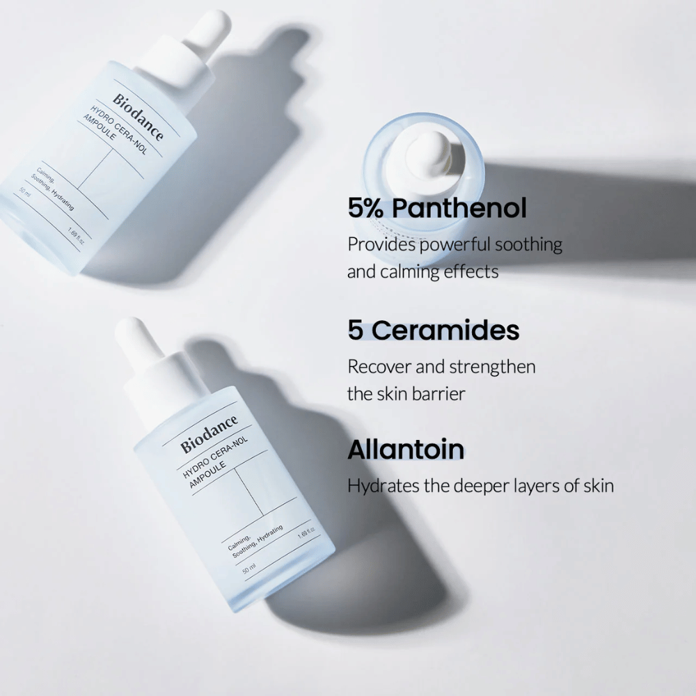 Biodance Hydro Cera-Nol Ampoule – Intensiivinen kosteutus ja ihon suojamuurin vahvistaminen.

💙 5% Pantenolia – Rauhoittaa ja vähentää ihoärsytystä.
🛡️ 5 Keramidia – Rakentaa uudelleen ja vahvistaa ihon suojamuuria.
💧 Allantoiini – Syväkosteuttava pehmeämmälle iholle.

Täydellinen herkälle ja kuivalle iholle, joka tarvitsee erityistä hoitoa!