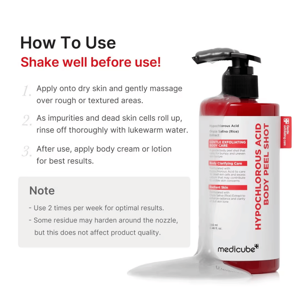 Ohjekuva tuotteelle Medicube Hypochlorous Acid Body Peel Shot, joka näyttää, miten vartalokuorintaa käytetään vaihe vaiheelta kuorintaan ja pehmeämmän ihon saavuttamiseksi.