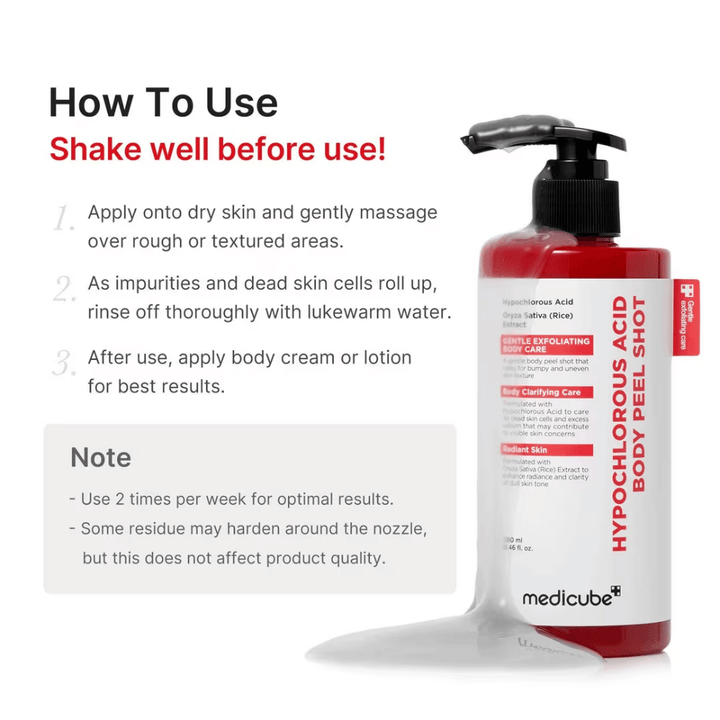 Ohjekuva tuotteelle Medicube Hypochlorous Acid Body Peel Shot, joka näyttää, miten vartalokuorintaa käytetään vaihe vaiheelta kuorintaan ja pehmeämmän ihon saavuttamiseksi.