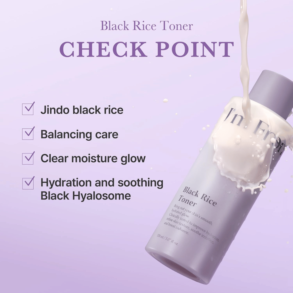 I'm From Black Rice Toner kosteuttavilla ja rauhoittavilla ominaisuuksilla. Lila pullo, jossa on voidemainen tuotekoostumus ja ainesosatiedot.