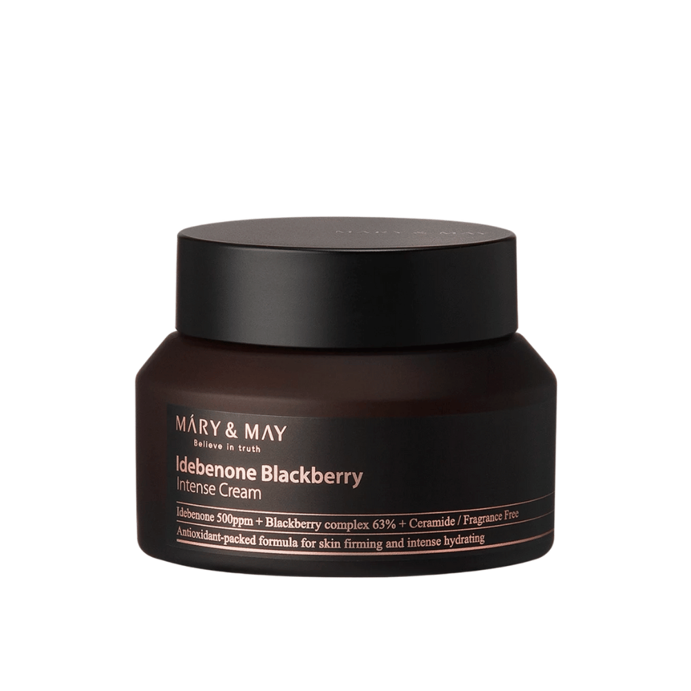Purkillinen MARY & MAY Idebenone Blackberry Intense Cream. Tämä voide sisältää 500 ppm idebenonia, 63 % karhunvatukkakompleksia ja keramideja, suunniteltu antamaan intensiivistä kosteutusta ja kiinteyttä iholle. Hajusteeton ja antioksidanttirikas koostumus.