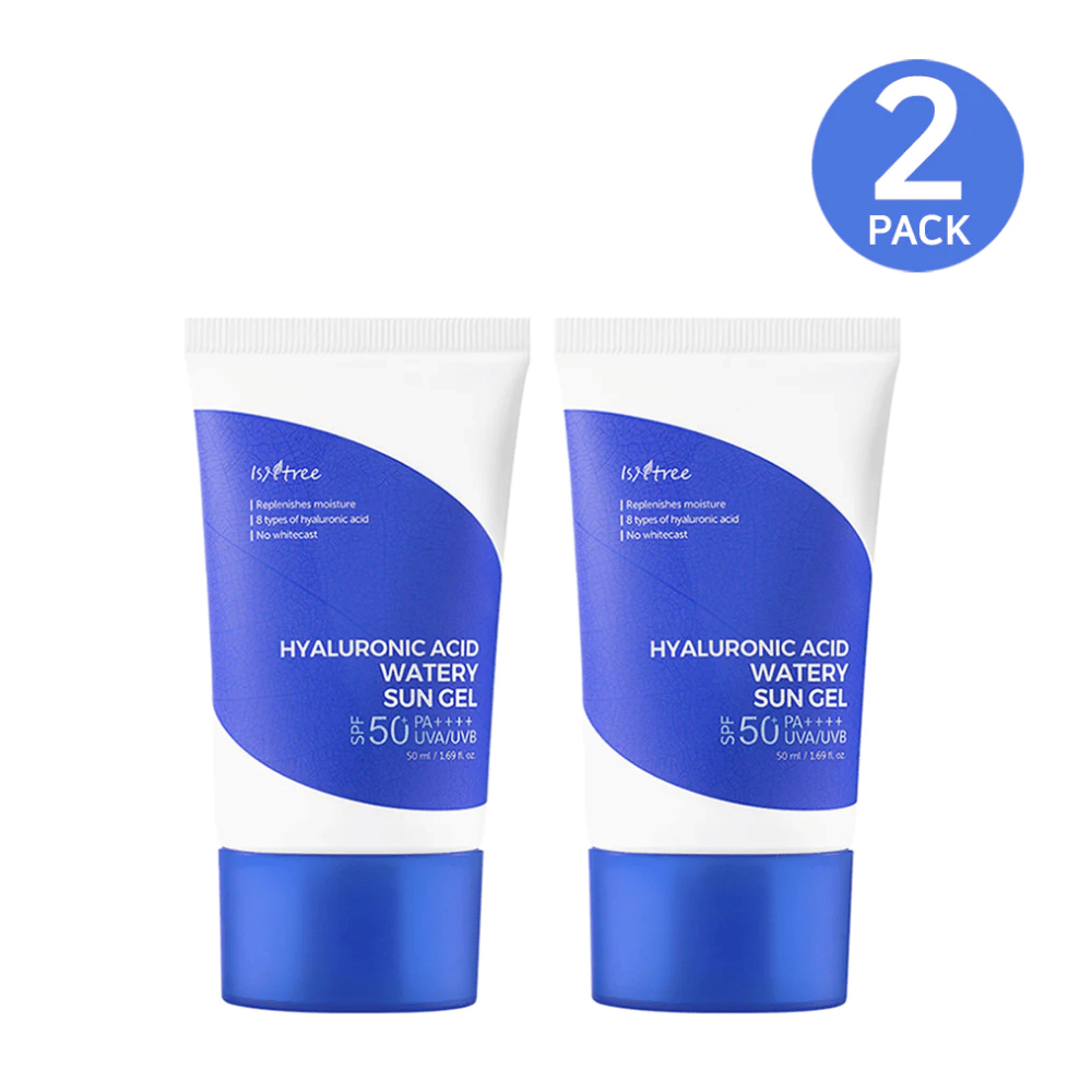 Kaksi tuubia Isntree Hyaluronic Acid Watery Sun Gel Set SPF 50+ aurinkosuojapakkaus.