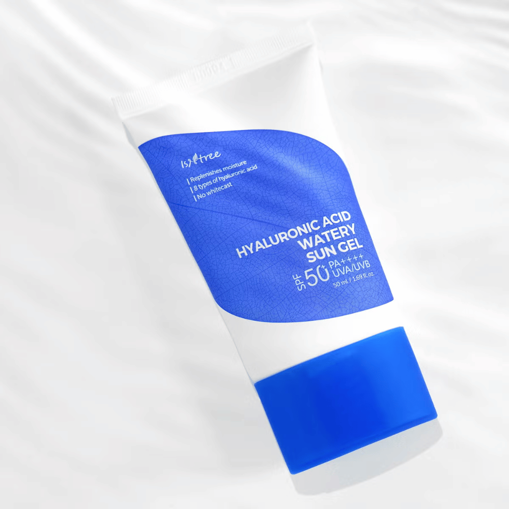 Isntree Hyaluronic Acid Watery Sun Gel SPF50+ PA++++ 50ml – korealainen aurinkovoide, jossa on 8 tyyppistä hyaluronihappoa intensiiviseen kosteutukseen ja UV-suojaan.