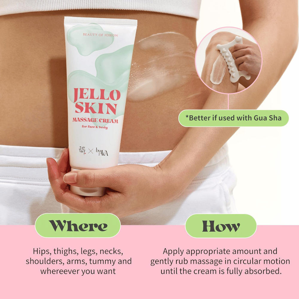 Beauty of Joseon Jello Skin Massage Cream käytetään vatsalle ja vartalolle kosteuttavaan hierontaan, jossa liuku on pehmeä ja miellyttävä.