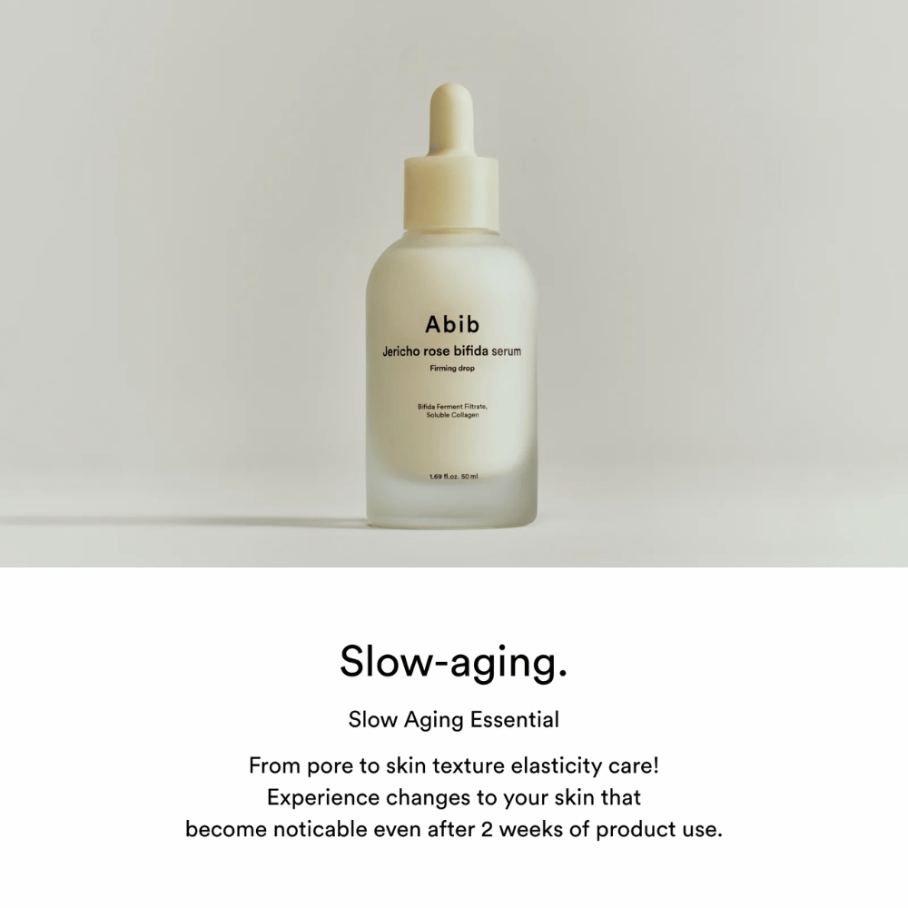 Minimalistinen tuotekuva tuotteesta Abib Jericho Rose Bifida Serum Firming Drop, jossa keskitytään slow-aging-vaikutukseen ja ihon kimmoisuuteen.