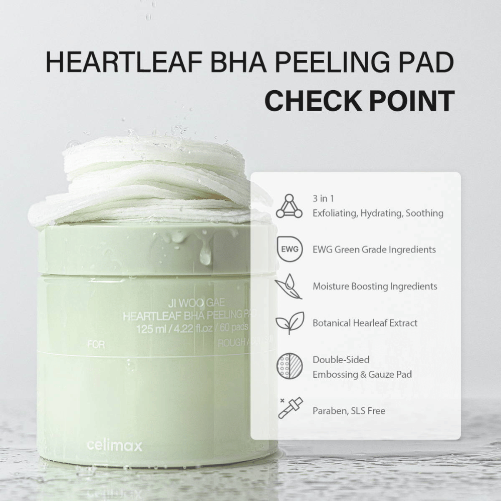 Celimax Ji Woo Gae Heartleaf BHA Peeling Pad on monitoimituote, joka kuorii, kosteuttaa ja rauhoittaa ihoa. EWG-vihreällä luokituksella se sisältää kosteuttavia ainesosia ja kasvipohjaista sydänlehtiuutetta.