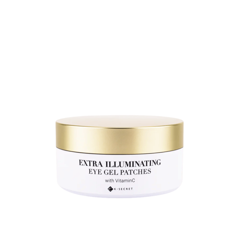 Purkki, jossa on K-Secret Extra Illuminating Eye Gel Patches, jossa on C-vitamiinia ja kultakansi.