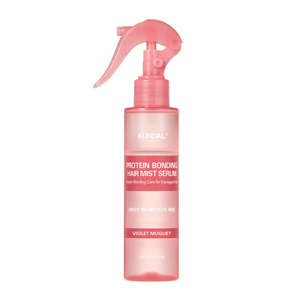 KUNDAL Protein Bonding Hair Mist Serum Violet Muguet vaaleanpunaisessa suihkepullossa, 150 ml, vahingoittuneille hiuksille vahvistavalla ja uudelleenrakentavalla vaikutuksella.