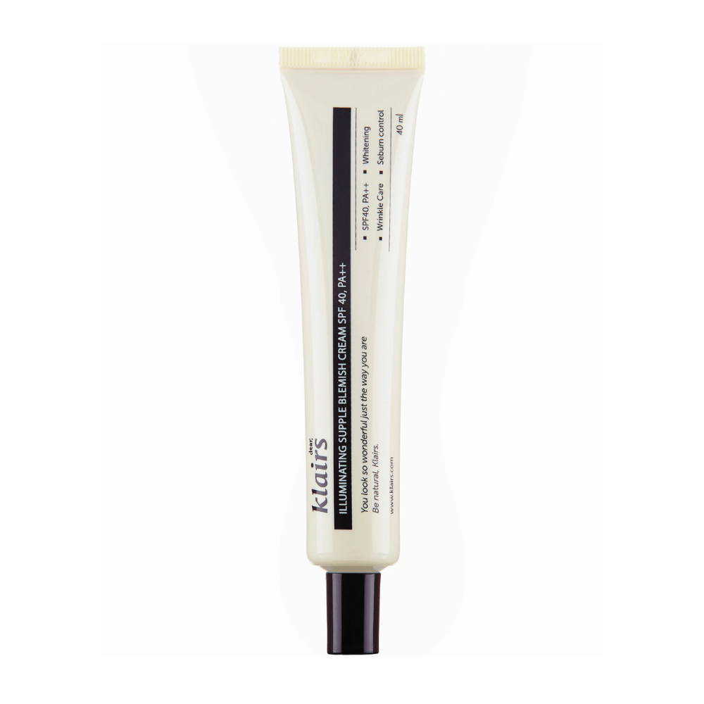 Putkilo Klairs Illuminating Supple Blemish Cream SPF40 PA++, sävytetty päivävoide, valkoista taustaa vasten.