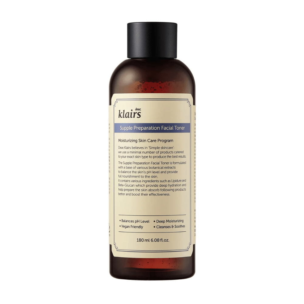 Ruskea pullo Klairs Supple Preparation Facial Toner valkoisella etiketillä, yksityiskohtaiset tuotetiedot ja edut, valkoisella taustalla.